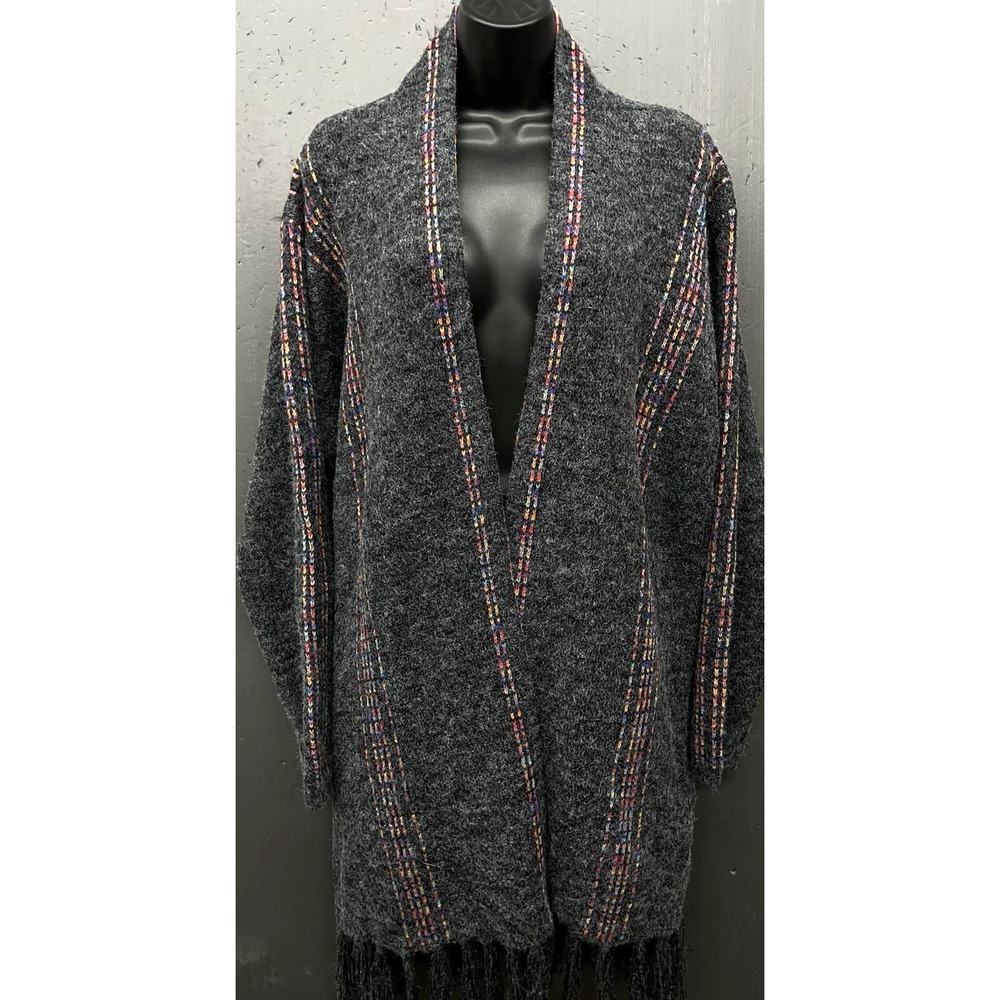 Wool Blend Sweater Women XL Charcoal Gray Rainbow Open Long Cardigan Fringe Cozy